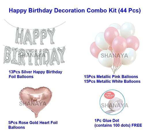 SHANAYA Birthday Decoration Items For Girls Boys Husband Wife -49Pcs Set Happy Birthday Silver Foil Balloons Pink White Metallic Baloons Rose Gold Heart Foil Balloons GlueDot Party Supplies