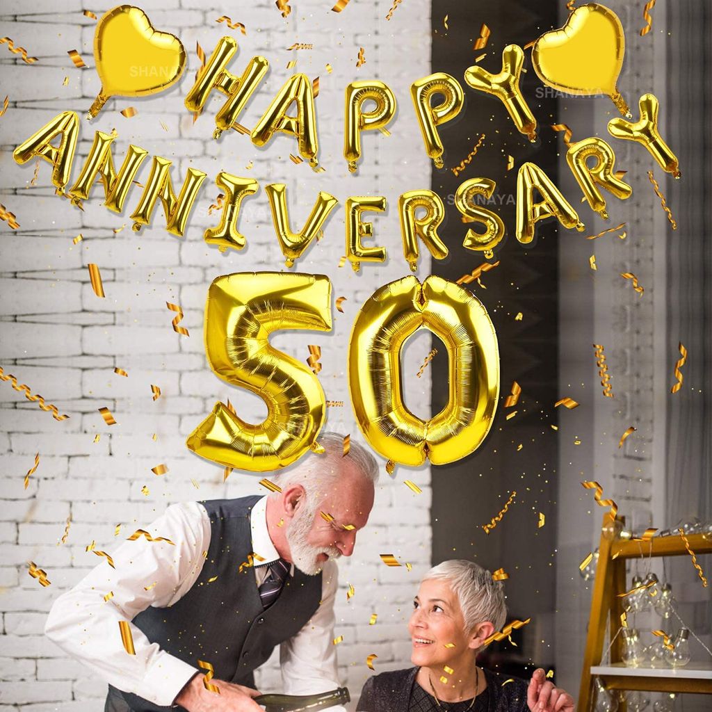 SHANAYA 50th Year Anniversary Balloon Decorations Happy 50th Anniversary Party Supplies Balloon Banner With Heart Foil 50th Wedding Anniversary Supplies Decoration
