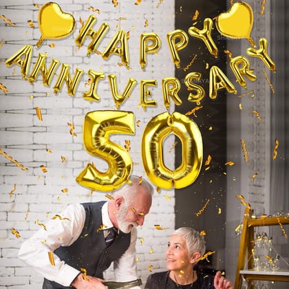 SHANAYA 50th Year Anniversary Balloon Decorations Happy 50th Anniversary Party Supplies Balloon Banner With Heart Foil 50th Wedding Anniversary Supplies Decoration