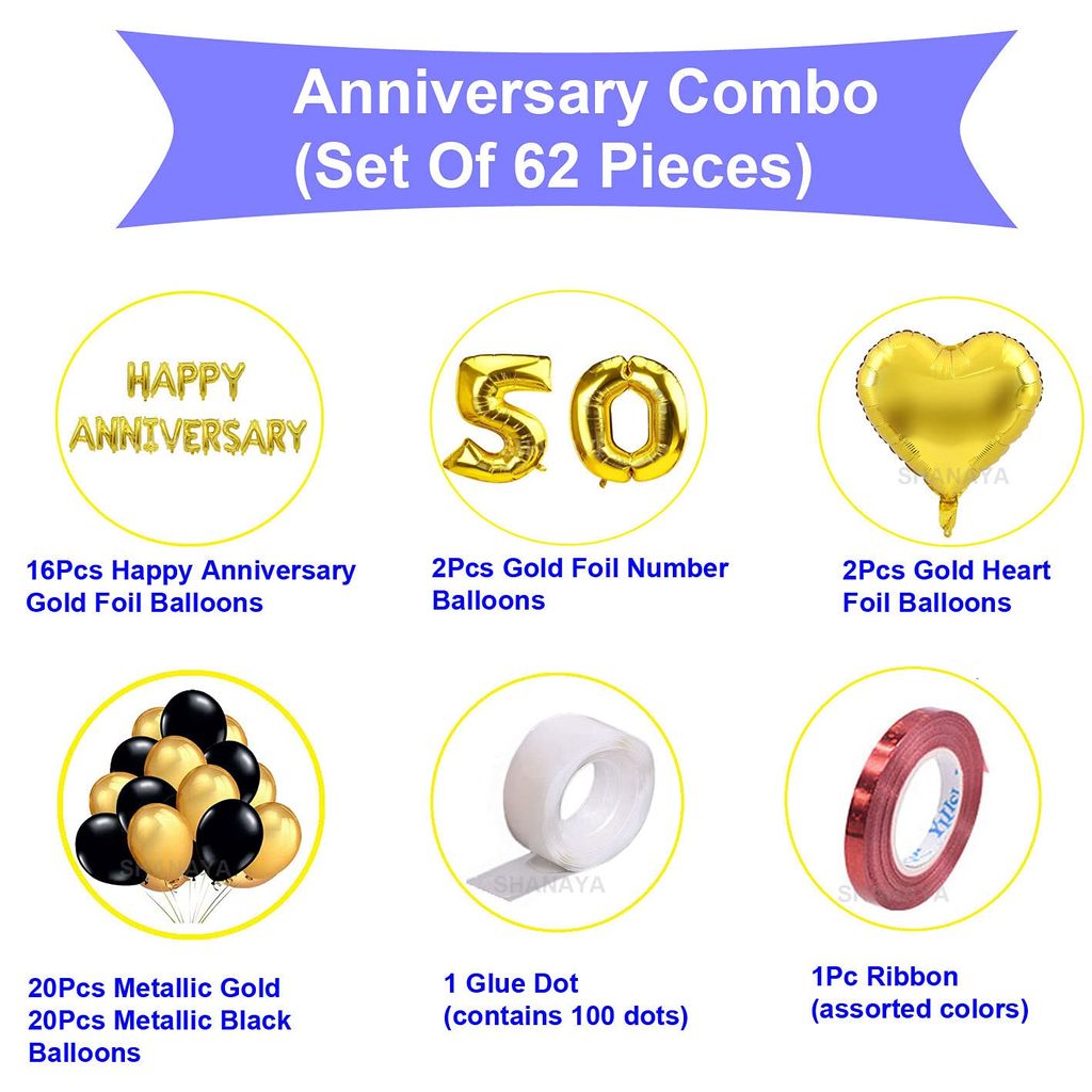 SHANAYA 50th Year Anniversary Balloon Decorations Happy 50th Anniversary Party Supplies Balloon Banner With Heart Foil 50th Wedding Anniversary Supplies Decoration
