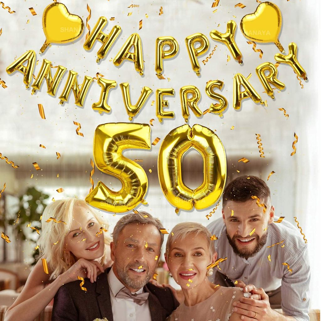 SHANAYA 50th Year Anniversary Balloon Decorations Happy 50th Anniversary Party Supplies Balloon Banner With Heart Foil 50th Wedding Anniversary Supplies Decoration