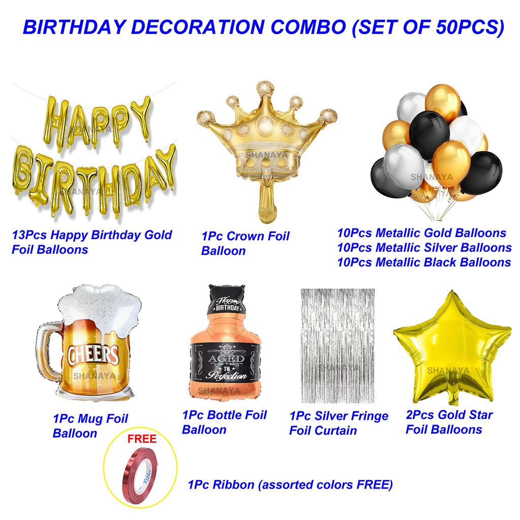 SHANAYA Birthday Decoration Items| Birthday Decoration For Girls Boys Husband Wife| Birthday Decoration Set Kit| 50Pcs Includes Happy Birthday Gold Foil Balloons Crown Cheers Bottle Star Foil Balloons