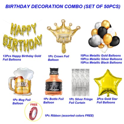 SHANAYA Birthday Decoration Items| Birthday Decoration For Girls Boys Husband Wife| Birthday Decoration Set Kit| 50Pcs Includes Happy Birthday Gold Foil Balloons Crown Cheers Bottle Star Foil Balloons SHANAYA Birthday Decoration Items| Birthday Decoration For Girls Boys Husband Wife| Birthday Decoration Set Kit| 50Pcs Includes Happy Birthday Gold Foil Balloons Crown Cheers Bottle Star Foil Balloons