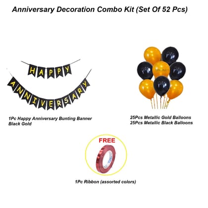 SHANAYA Happy Anniversary Decoration Kit - 52Pcs Set For Husband Wife Decoration Items Combo - Happy Anniversary Bunting Banner Black Gold Metallic Black Gold Balloons Ribbon Party Supplies