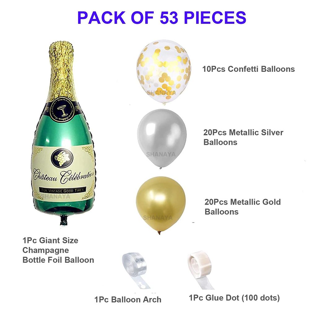 SHANAYA 53 Pcs Champagne Bottle Balloon Kit, 1Pcs 40" Champagne Bottle Foil Balloon & 50Pcs Assorted Metallic Confetti Balloons Ideal for Wedding Birthday Bachelorette Bridal Shower Party Decorations