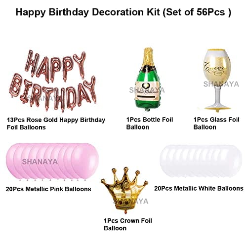 SHANAYA Rose Gold Pink Birthday Decoration Items For Girls Wife Combo Kit -56Pcs Set Happy Birthday Foil Balloons, Crown Bottle Glass Foil Metallic Pink White Baloons Party Supplies