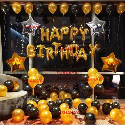 SHANAYA Happy Birthday Decoration Items Kit - 59Pcs Set For Boys Girls Husband Wife Decoration Items Combo - Happy Birthday Foil Balloons Star Foil Balloons Metallic Gold Black Baloons Ribbon Glue Dot Party Supplies