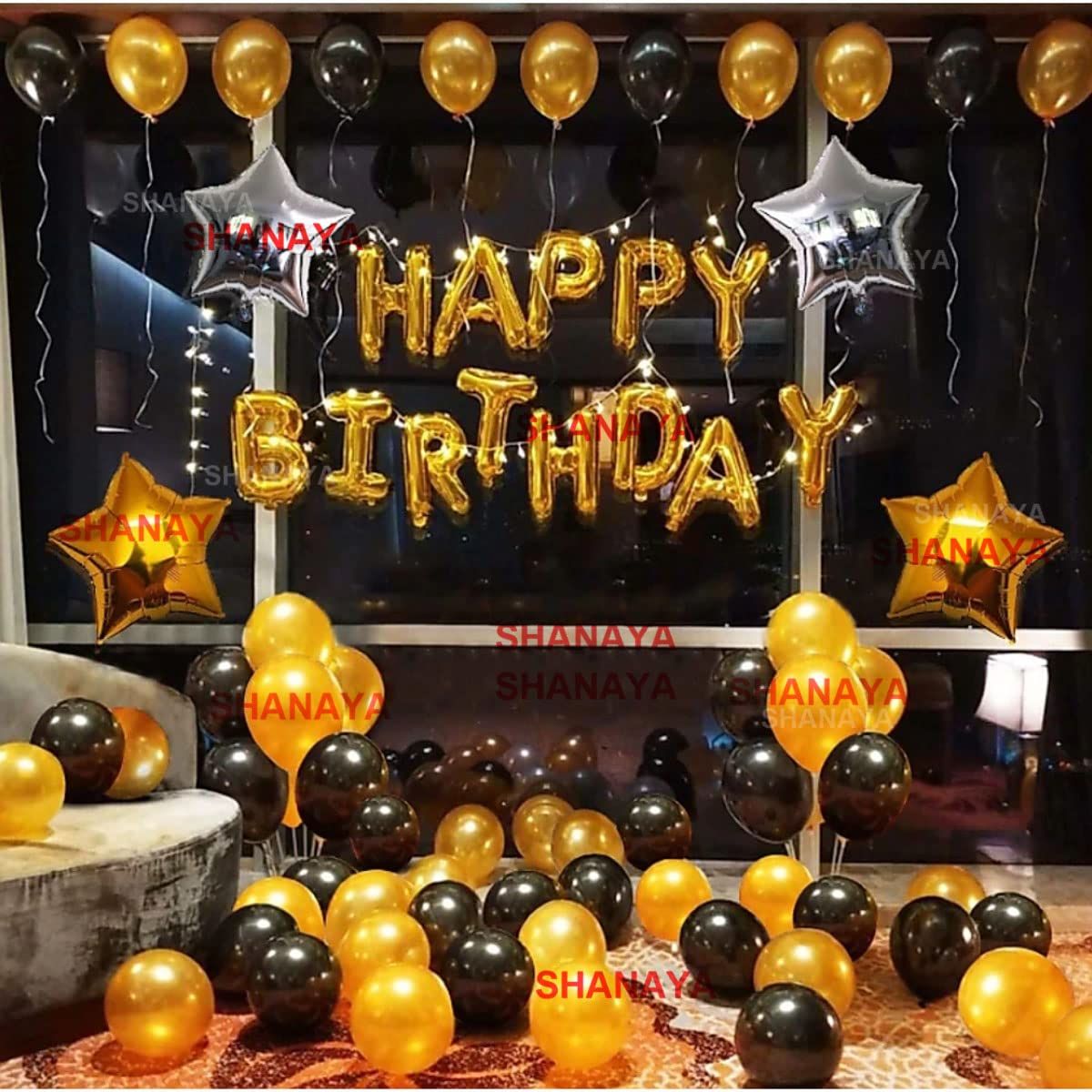 SHANAYA Happy Birthday Decoration Items Kit - 59Pcs Set For Boys Girls Husband Wife Decoration Items Combo - Happy Birthday Foil Balloons Star Foil Balloons Metallic Gold Black Baloons Ribbon Glue Dot Party Supplies