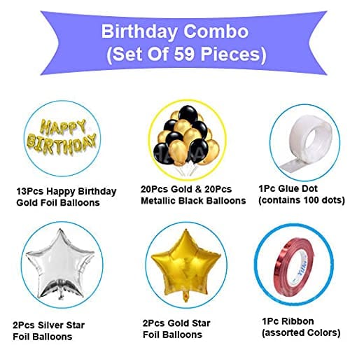 SHANAYA Happy Birthday Decoration Items Kit - 59Pcs Set For Boys Girls Husband Wife Decoration Items Combo - Happy Birthday Foil Balloons Star Foil Balloons Metallic Gold Black Baloons Ribbon Glue Dot Party Supplies