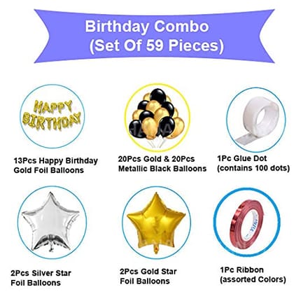SHANAYA Happy Birthday Decoration Items Kit - 59Pcs Set For Boys Girls Husband Wife Decoration Items Combo - Happy Birthday Foil Balloons Star Foil Balloons Metallic Gold Black Baloons Ribbon Glue Dot Party Supplies