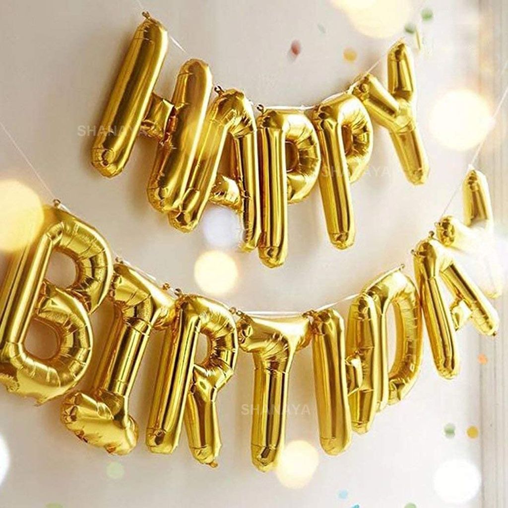 SHANAYA Happy Birthday Decoration Items Kit - 59Pcs Set For Boys Girls Husband Wife Decoration Items Combo - Happy Birthday Foil Balloons Star Foil Balloons Metallic Gold Black Baloons Ribbon Glue Dot Party Supplies