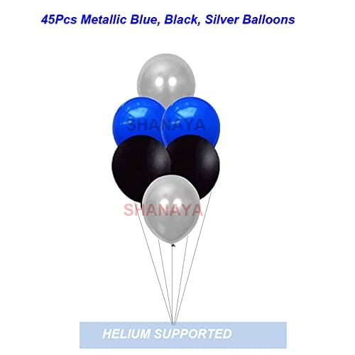 SHANAYA Birthday Decoration Items Combo Kit - 59Pcs Set Includes Happy Birthday Silver Foil Balloons, Metallic Black Silver Blue Balloons Glue Dot For Party Supplies