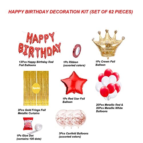 SHANAYA Happy Birthday Red And Gold Decorations For Girls Boys Husband Wife Combo Items Kit -62Pcs Set