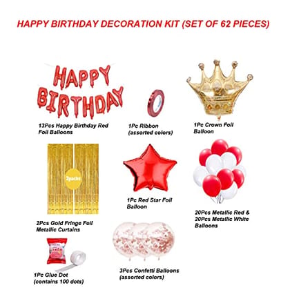 SHANAYA Happy Birthday Red And Gold Decorations For Girls Boys Husband Wife Combo Items Kit -62Pcs Set SHANAYA Happy Birthday Red And Gold Decorations For Girls Boys Husband Wife Combo Items Kit -62Pcs Set