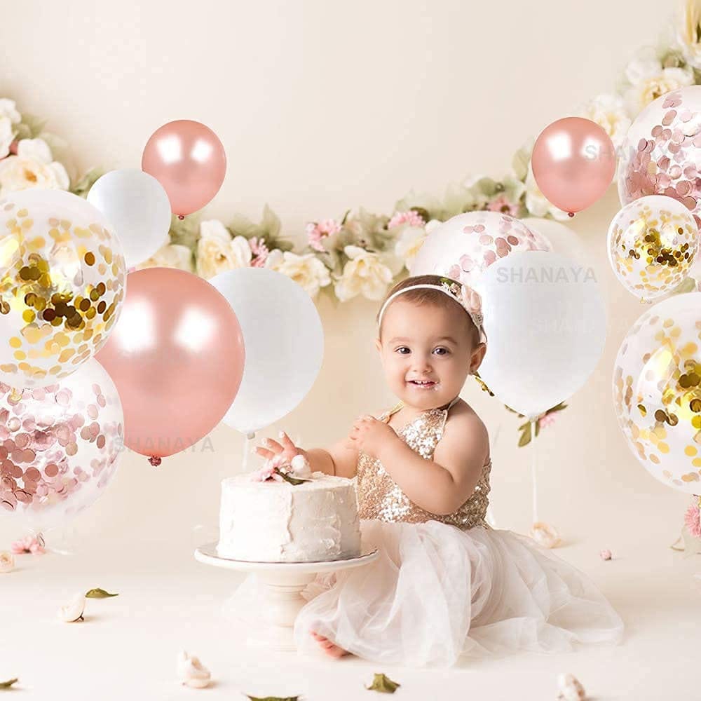 SHANAYA Party Decoration Kit - 62Pcs Set For Boys Girls Husband Wife Special Decoration Items Combo - Metallic Rose Gold White Balloons Gold Rose Gold Confetti Balloons Glue Dot Ribbon Party Wedding Bridal Shower Engagement Supplies