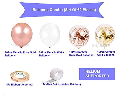 SHANAYA Party Decoration Kit - 62Pcs Set For Boys Girls Husband Wife Special Decoration Items Combo - Metallic Rose Gold White Balloons Gold Rose Gold Confetti Balloons Glue Dot Ribbon Party Wedding Bridal Shower Engagement Supplies