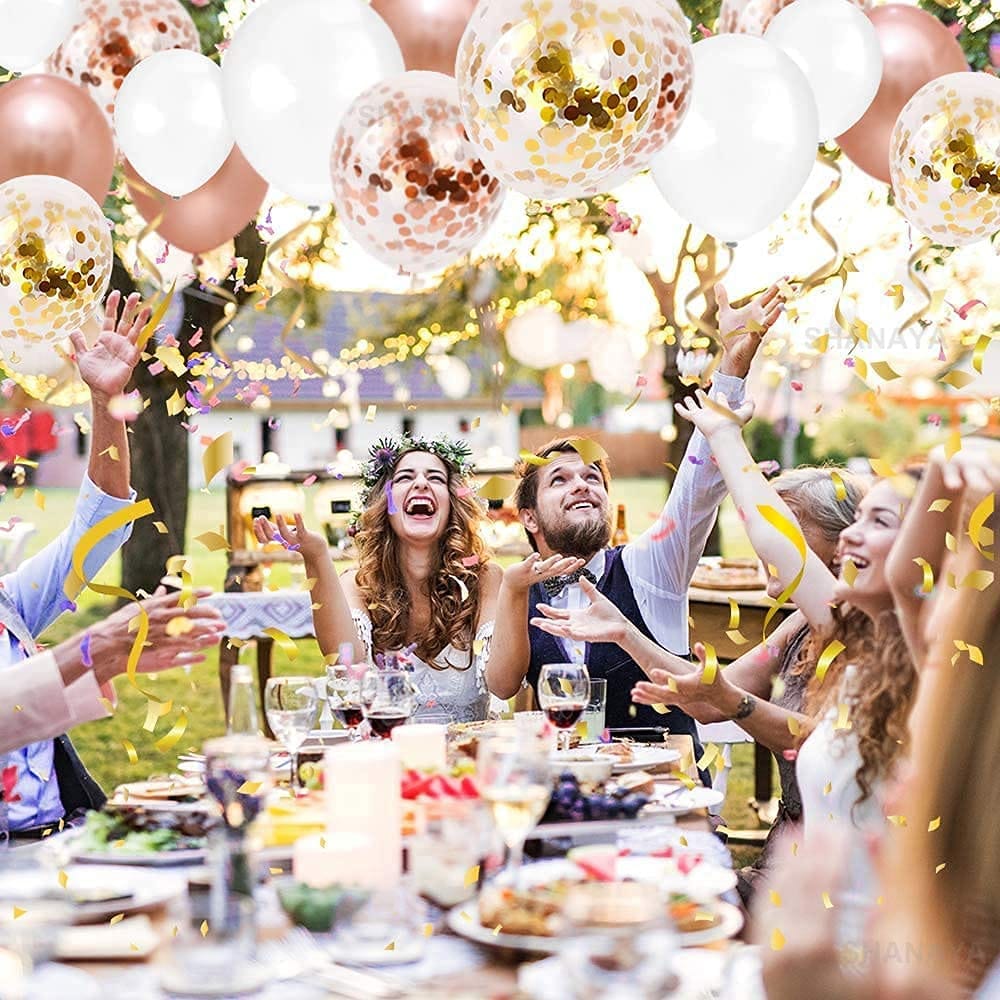 SHANAYA Party Decoration Kit - 62Pcs Set For Boys Girls Husband Wife Special Decoration Items Combo - Metallic Rose Gold White Balloons Gold Rose Gold Confetti Balloons Glue Dot Ribbon Party Wedding Bridal Shower Engagement Supplies