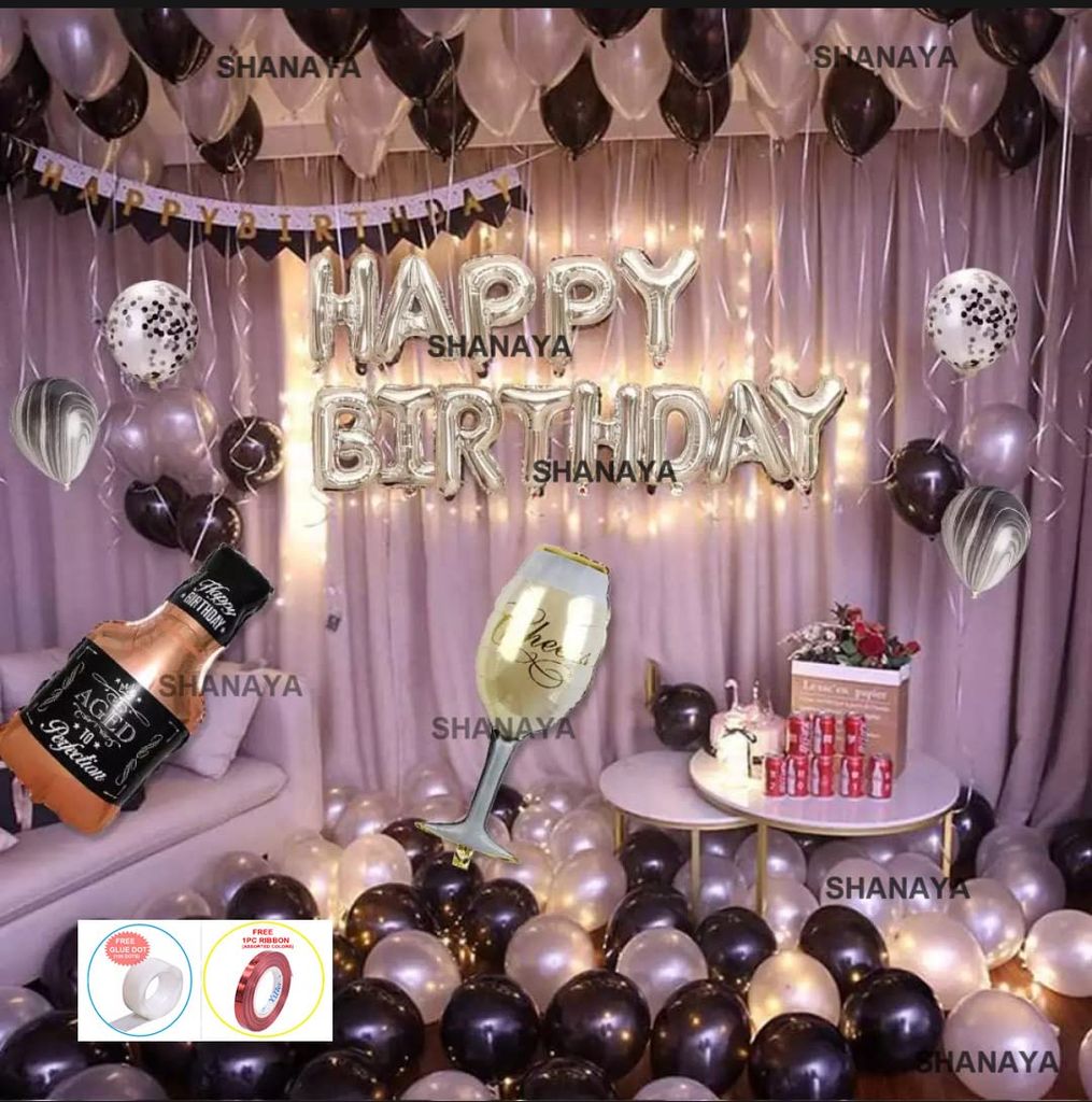 SHANAYA Happy Birthday Decorations Items For Girls Boys Husband Wife Kit- 66Pcs Set Happy Birthday Silver Foil Balloon Black Silver Metallic Balloons Bottle Glass Foil Balloons Confetti Balloons Party Supplies - Toys and Games | Buy online on ZillyBuy