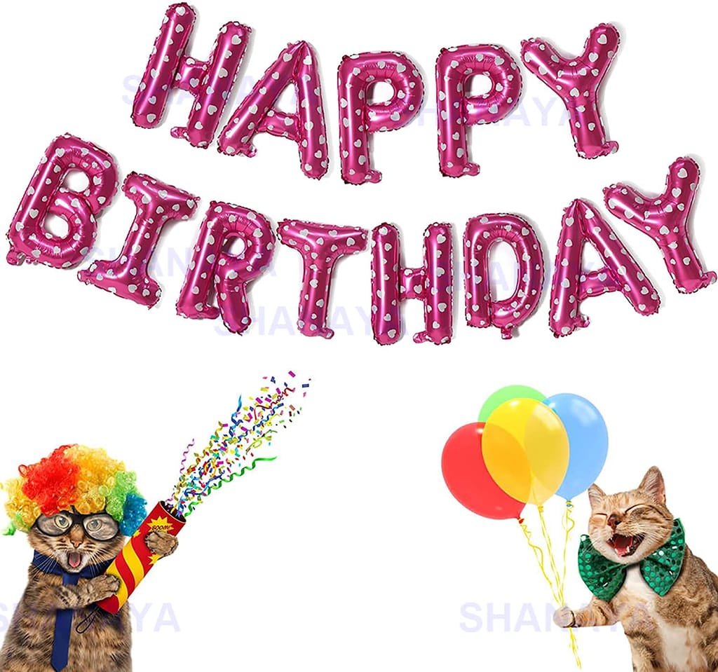 SHANAYA Pink Love Heart Happy Birthday Balloons Banner, 16Inchs Foil letters Birthday Sign Banner Balloon Bunting Reusable For Girls Boys & Kids Birthday Decorations And Party Supplies