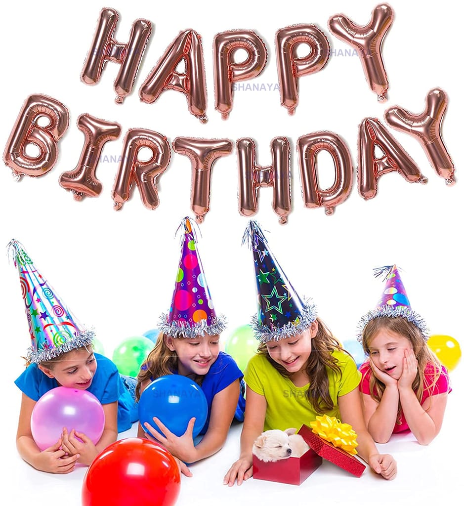 SHANAYA Rose Gold Happy Birthday Balloons Banner, 16Inchs Foil letters Birthday Sign Banner Balloon Bunting Reusable For Girls Boys & Kids Birthday Decorations And Party Supplies