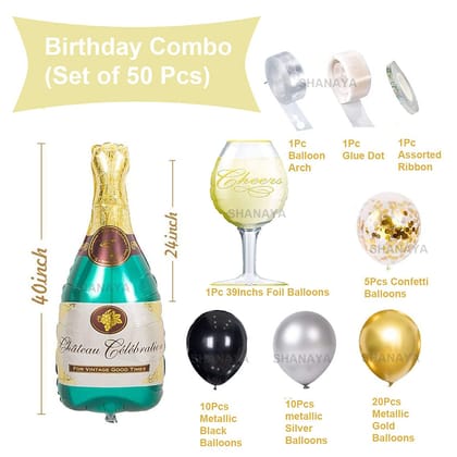 SHANAYA 50 Pcs Party Decorations Set Includes Giant Size Champagne Bottle Glass Foil Balloons, Metallic Confetti Balloons, Wedding Birthday New Year Party Supplies