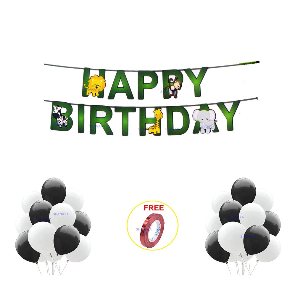 SHANAYA Happy Birthday Decoration Kit - 51Pcs Set For Boys Girls Decoration Items Combo - Jungle Adventure Theme Happy Birthday Bunting Banner Flag With Metallic Red Bue Balloons Ribbon Party Supplies