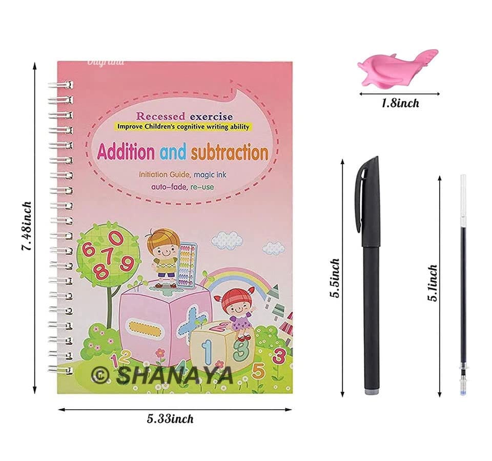 SHANAYA Sank Magic Practice Copybook (4 BOOKS+10 REFILL+1Pen+1Grip) Number Tracing Book for Preschoolers with Pen, Magic Calligraphy Copybook Set Practical Reusable Writing Tool Simple Hand Lettering