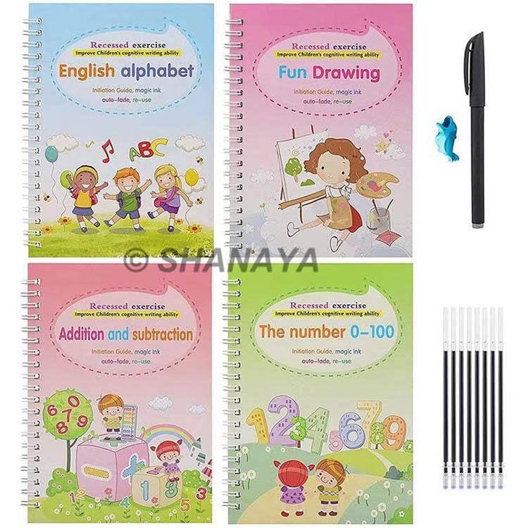 SHANAYA Sank Magic Practice Copybook (4 BOOKS+10 REFILL+1Pen+1Grip) Number Tracing Book for Preschoolers with Pen, Magic Calligraphy Copybook Set Practical Reusable Writing Tool Simple Hand Lettering
