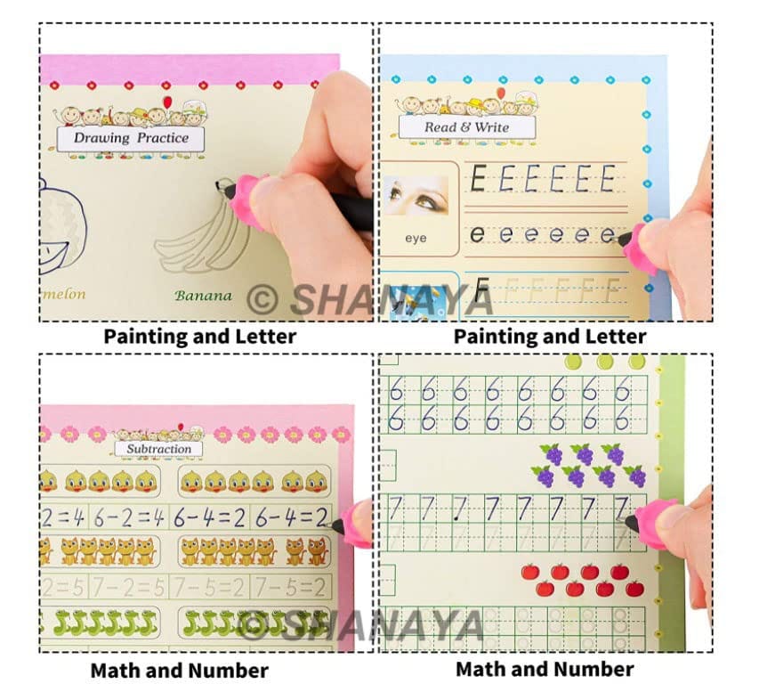 SHANAYA Sank Magic Practice Copybook (4 BOOKS+10 REFILL+1Pen+1Grip) Number Tracing Book for Preschoolers with Pen, Magic Calligraphy Copybook Set Practical Reusable Writing Tool Simple Hand Lettering