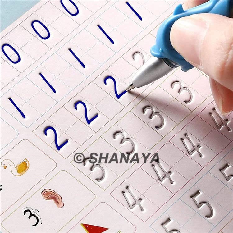 SHANAYA Sank Magic Practice Copybook (4 BOOKS+10 REFILL+1Pen+1Grip) Number Tracing Book for Preschoolers with Pen, Magic Calligraphy Copybook Set Practical Reusable Writing Tool Simple Hand Lettering
