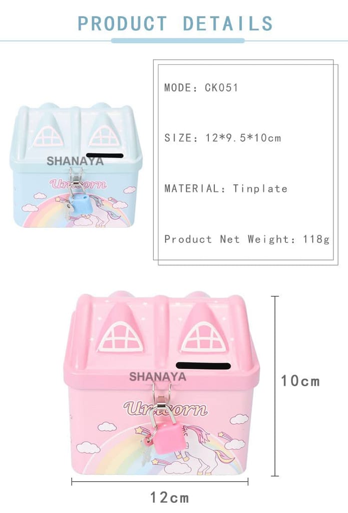 SHANAYA House Unicorn Metal Piggy Bank Coin Bank for Kids Girls Boys with Lock and Keys - Pack of 1