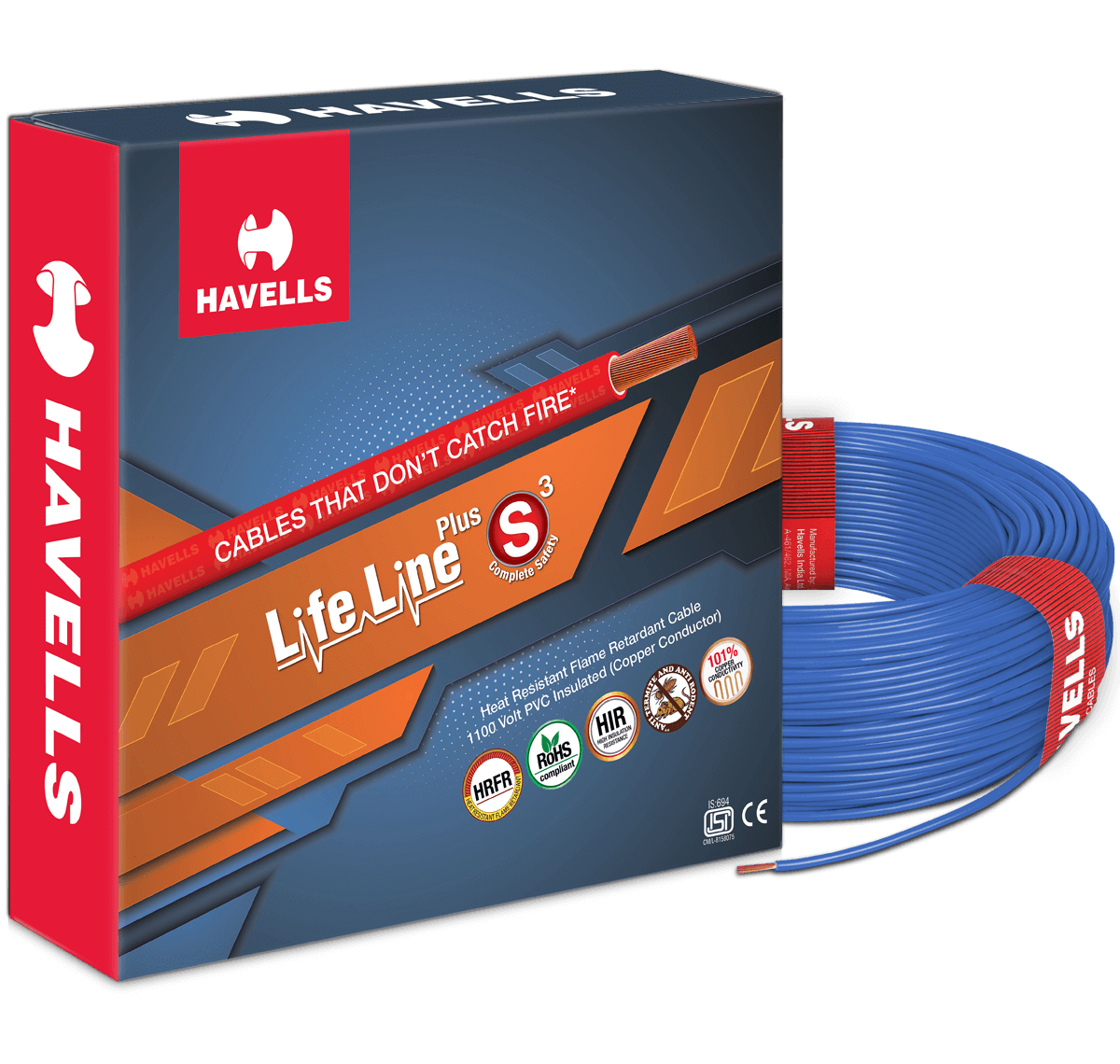 HAVELLS LIFE LINE PLUS S3 HRFR CABLES 1.0MM 90MTR LENGTH COPPER WIRE