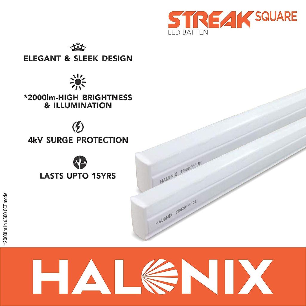 Halonix 20-watt LED Batten/Tubelight | Streak square 4-ft LED Batten for Living Room & Bedroom | Cool day light, Pack of 2