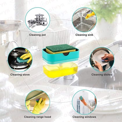 Qawvler Soap Dispenser for Kitchen & Bathroom Pump Sponge Holder Plastic 800 ml Container Multicolor (Pack of 1)