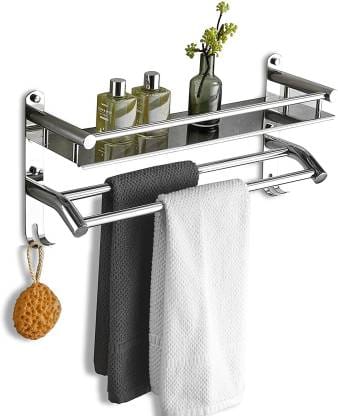Multipurpose Single Layer Bathroom Shelf with Towel Rod/Towel Hanger Bath Shelf STEEL Towel Holder  (Stainless Steel)
