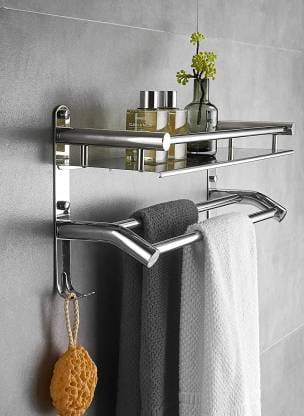 Multipurpose Single Layer Bathroom Shelf with Towel Rod/Towel Hanger Bath Shelf STEEL Towel Holder  (Stainless Steel)