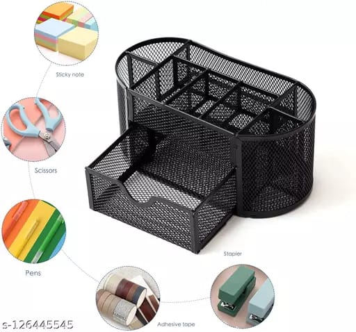 Home Brilliant Mesh Desk Organizer, Office Storage Supplies Drawer Organizers Holder Stationery with 8 Compartments and 1 Drawer Mesh Metal Pen Holder Stationery