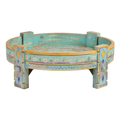 VM ANTIQUE DECOR Handicraft Home-Living Chakki Table,Beautiful Painted Wooden Grinder-Table,Round Coffee Table set 1