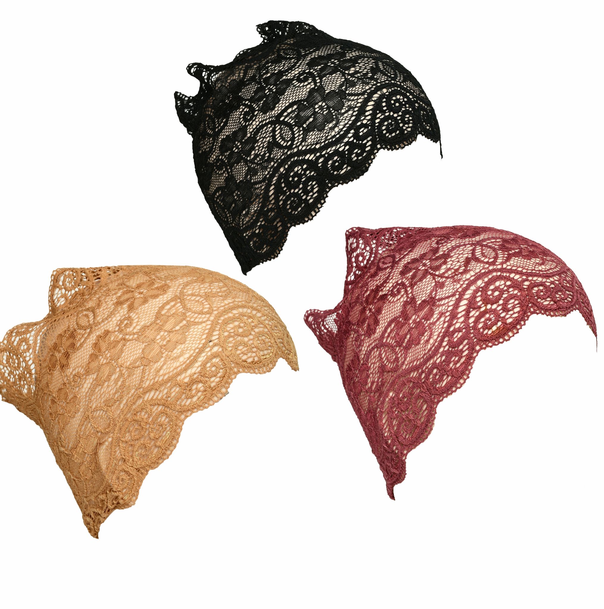 Girls and Womens Hijab Cap Hijab Headband, Under Hijab Scarf Black Copper Brown and Dark Maroon Naqab Head Scarf (3 pcs)