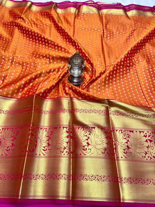 Rust Orange Color Long Border Saree with Gold Zari work Contrast Pallu and Plain Bordered Blouse