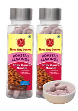 360 Three Sixty Degree Roasted Pink Guava Masala Almonds Badam, 220grams (2 x 110 Grams Each)
