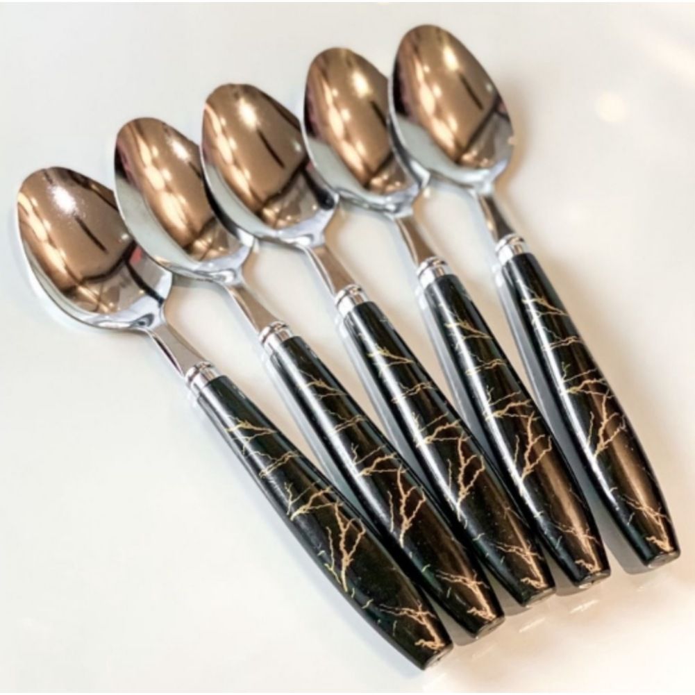 Qawvler Spoons Set Black Marble Design Dinner Spoon (Pack of 6)