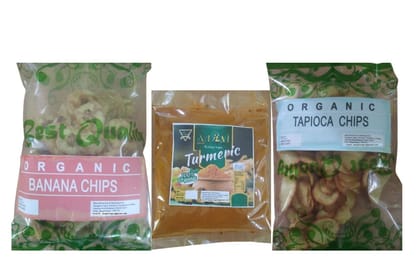 Lakadong Turmeric Powder + Banana Chips + Tapioca Chips  (Combo Pack)