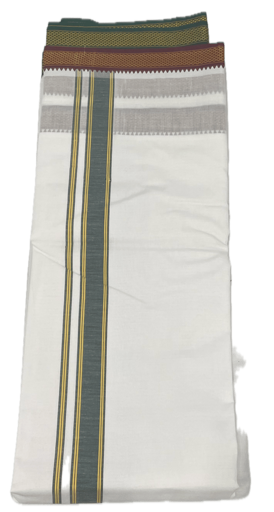 Traditional Angavastram White Cotton Free Size Double Dhoti/Mundu with Big Gold Border - Towel Included