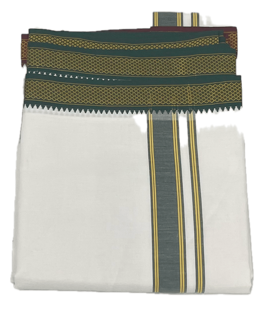 Traditional Angavastram White Cotton Free Size Double Dhoti/Mundu with Big Gold Border - Towel Included