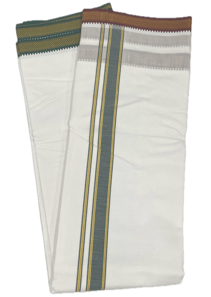 Traditional Angavastram White Cotton Free Size Double Dhoti/Mundu with Big Gold Border - Towel Included