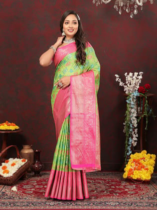 Green Cotton Woven Design Zari Meenakari Weaving Saree