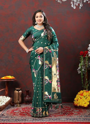 Green Soft Paithani Silk Woven Design Gold Zari Meenakari Weaving Saree