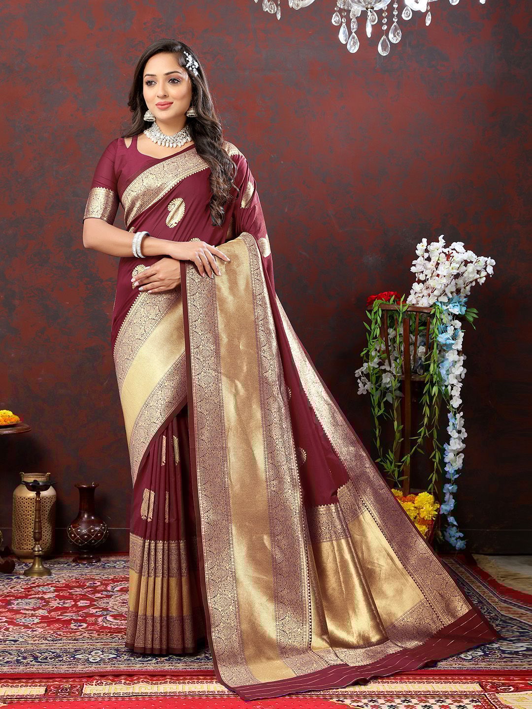 Maroon Soft Silk Woven Design Gold Zari Weaving Saree