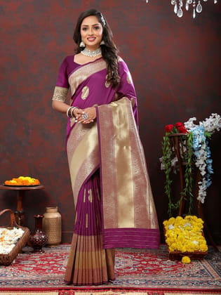 Wine Soft Silk Woven Design Gold Zari Weaving Saree